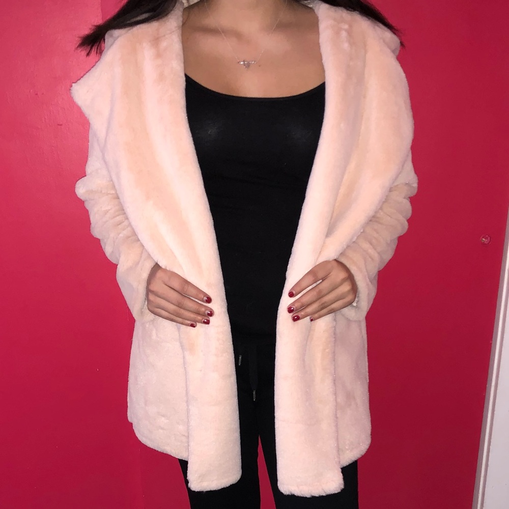 cream pink faux fur jacket F21